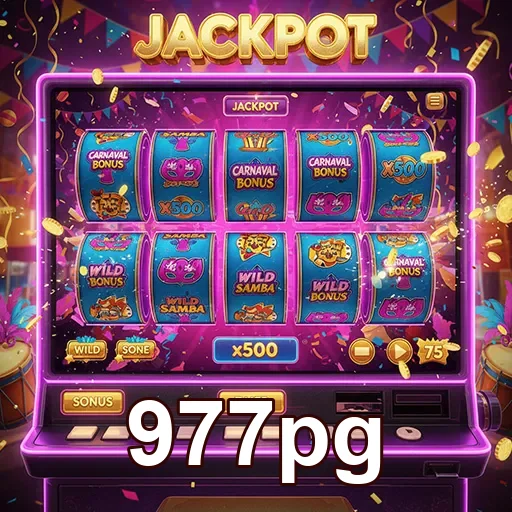 Imagem do jogo de slot jackpot da 977pg, apresentando símbolos e rodas vibrantes.